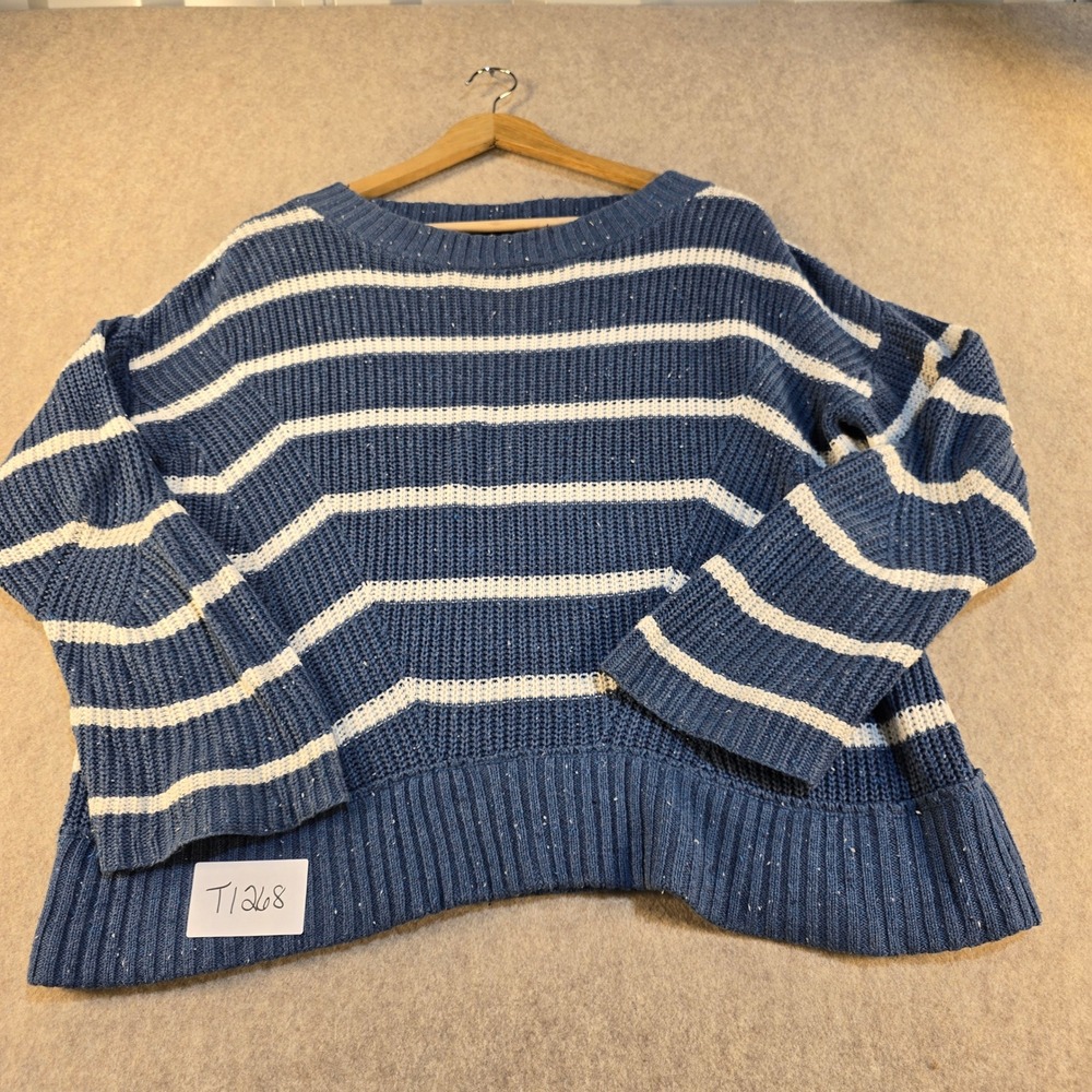 Artisan NY Blue White Striped Knit Sweater Womens Small Cotton Blend Speckled S